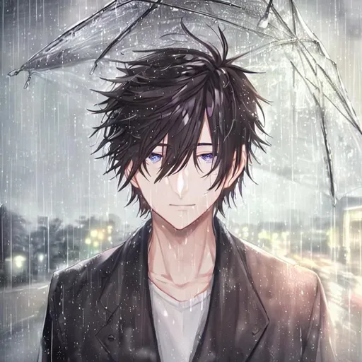 Prompt: head portrait, male,  rain, road, city, leasure
