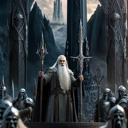 Prompt: realistic photo if Saruman, holding his staff in all glory, surrounded by orcs, the tower of orthanc in the background, 4k, highly detailed, intricate details, 