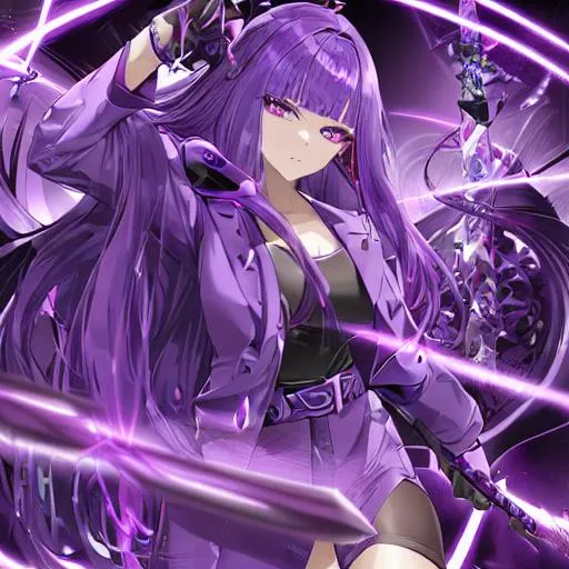 Prompt: Beautiful female alien hybrid, detailed eyes, has a sword emanating lightning, a young anime woman with long dark purple luxurious hair with a fringe haircut, purple eyes, disoriented due to memory loss, wearing a trenchcoat with neon purple edges and a belt with hanging silver chains and wears black leather gloves, an amethyst hairclip in her hair, fantasy, clear sparkling purple glowing eyes, intricately detailed face, intricate, highly-detailed, ultrarealistic face, large landscape, mechanics, dramatic lighting, gorgeous face, lifelike, stunning, digital painting, large, artstation, illustration, concept art, smooth, sharp focus, looking and smiling at viewer, full body, photography, detailed skin, realistic, photo-realistic, 8k, highly detailed, full length frame, High detail, showing full body, full body art 