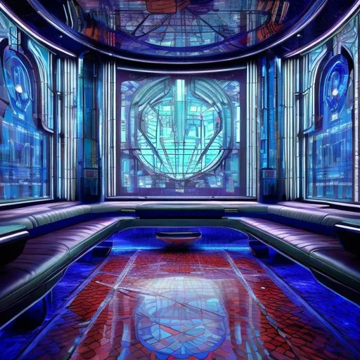 Prompt: futuristic scifi lounge, tiled art deco, stained glass, cinematic lighting, photorealistic, ultra detailed