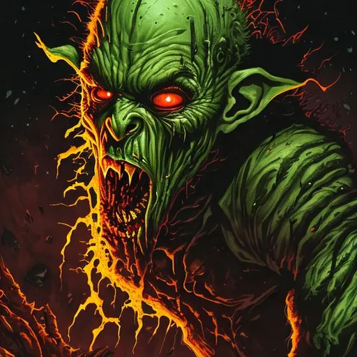 Prompt: dark green-skinned goblin cannibal eating flesh, realistic dark fantasy, red dark background, glowing red eyes, tattered dark red robes