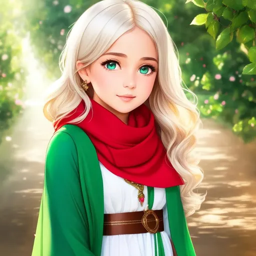 Prompt:  A 12 year old cute girl, olive skin, green wide eyes, long lips like rose petals, brown dress, wearing scarf around her neck, wavy short white hair, there are divine lights around the girl.