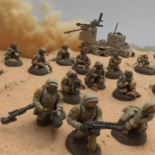 Prompt: mortar team, scifi, army, sand storm, mountain, desert, lightning, fire