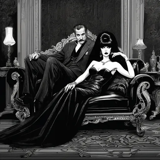 Prompt: (Elvira Mistress of the Dark lying on her side on a Chaise Lounge with Vincent Price Standing next to her), Black and White pen and ink style, dark color scheme, elegantly gothic attire, intricate details, dim lighting, dramatic shadows, opulent background, luxurious textures, ornate furniture, deep reds and blacks, baroque patterns, solemn atmosphere, rich color tones, dark romanticism, ultra-detailed, 4K, photorealistic masterpiece, timeless elegance.