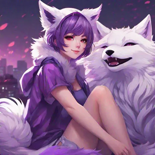 Prompt: insane, cute anime girl with purple, short, wavy hair sitting on abridge besides a fluffy, white and purple kitsune, smiling, foggy background, zoomed out, aesthetic mask, scars, HD, 4K, vibrant purple colors that clash with dull background 