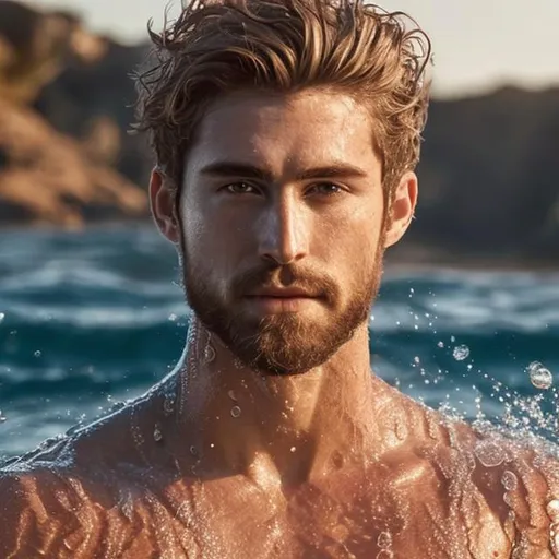 Prompt: A handsome shirtless god with short hair and short beard merging with water, sun in the background