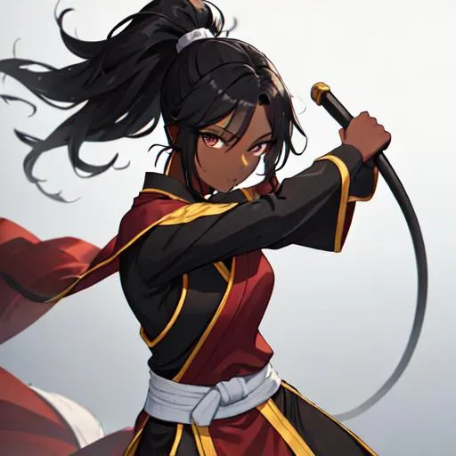 Prompt: young dark skin woman (black curly long ponytail hair) (dark eyes), fighter, wearing a simple monk outfit, holding a staff, fighting pose, martial art