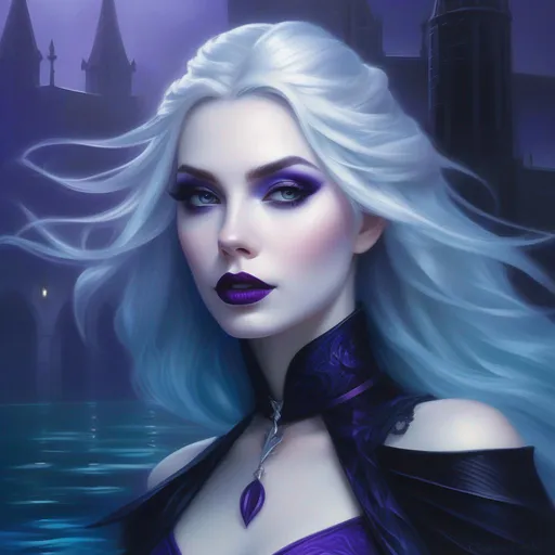 Prompt: oil painting portrait of a beautiful Sea Elf woman, very pale skin, bright hair, goth makeup with purple lips, black gothic swimsuit, foggy blue gothic town underwater background, bold brushstrokes, best quality, masterpiece, sharp focus, ultra smooth, ultra clean, ultra high res, ultra sharp, hyperdetailed, ultra-realistic, UHD, gothic horror, dark fantasy, (((style of Carmilla vampire official art))),