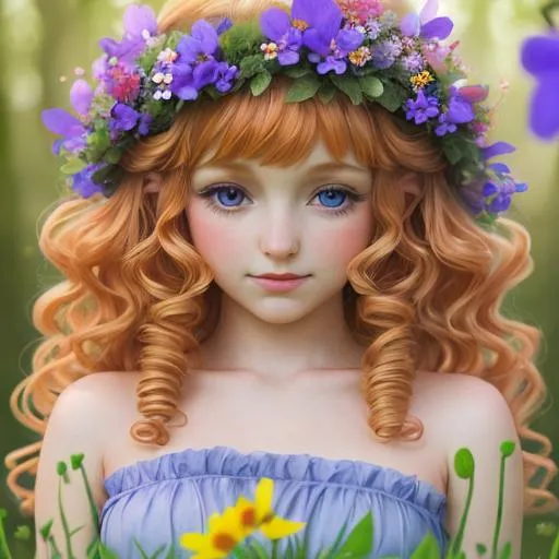 Prompt: a youngfairy goddess of spring, Sbitley Temple curls, ,wildflowers, vivid colors, closeup