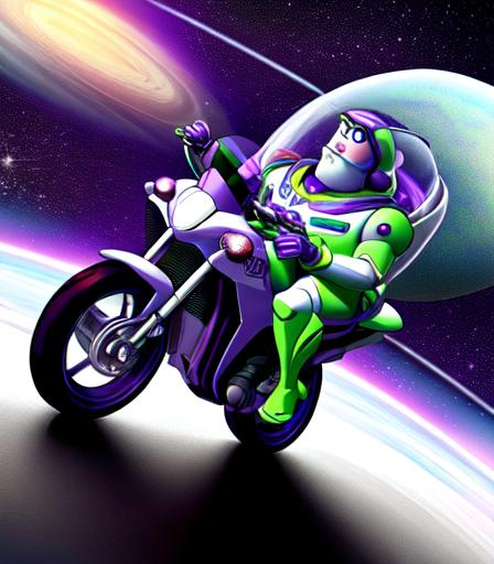 Buzz Lightyear from Toy Story riding a motorcycle th... | OpenArt