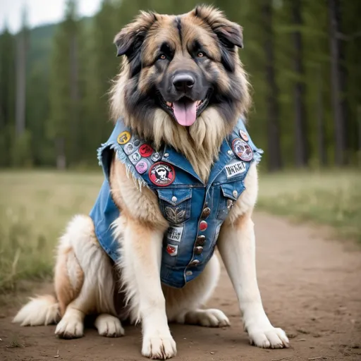 Prompt: Caucasian Shepherd Dog wearing a heavy metal music denim vest with patches
