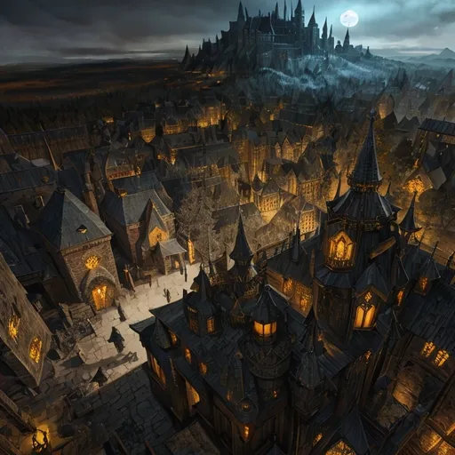 Prompt: Top view of dark fantasy style medieval town, detailed terrain, high quality rendering, realistic, gritty, immersive lighting, surrounded by forest