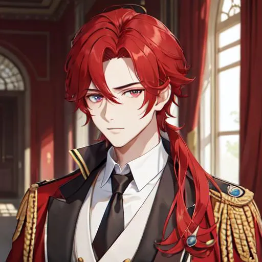 Prompt: Zerif 1male (Red side-swept hair covering his right eye) wearing a royal suit