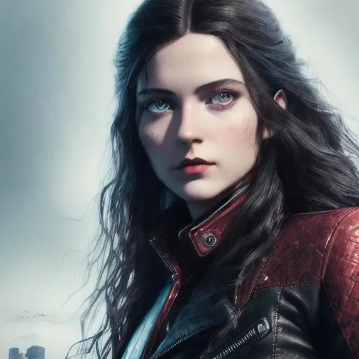 Prompt: young woman, long wavy black hair, light blue eyes, berry lipstick, red leather jacket, black body suit, black pants, knee-high black boots, 3D, fine-tuned, hyper-realistic, intricately detailed, detailed face, 16K, realistic, movie poster, chest