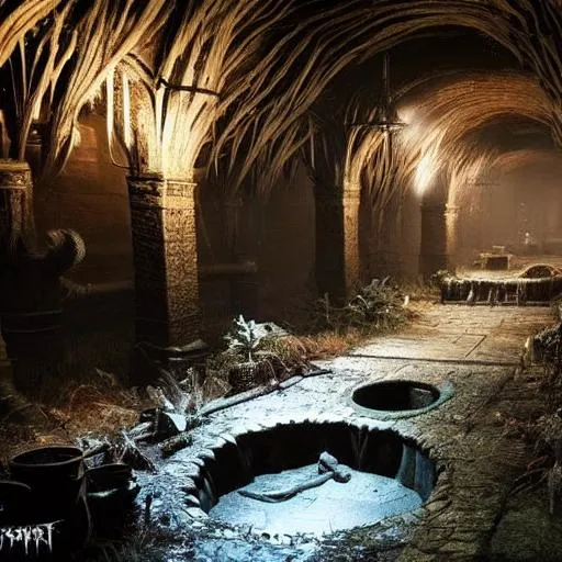 Prompt: a fantasy rpg underground dungeon sewer with a water basin with floating water and roots and spiderwebs and bones in a corner, dark horror scenery,  photorealistic , ultra detailed, hyperrealistic, surreal, matte painting, unreal engine 5, UHD, first player sight

