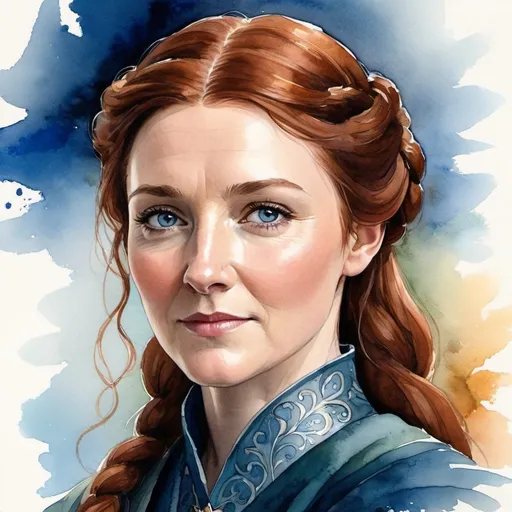 Prompt: an aquarelle illustration of Catelyn Stark as he is described in the song of ice and fire books, "Catelyn is beautiful,[14] with fair skin, long auburn hair and blue eyes.[15][2][16][17][18][19][20][21] She has long fingers[22] and high cheekbones.[23] Catelyn resembles her own mother, Minisa Whent.[24] Her own sons Robb, Bran and Rickon, and daughter Sansa take after Catelyn in their coloring.[15][16][23] Catelyn is a head shorter than her younger brother, Ser Edmure,[25] and slightly taller than her eldest child, Robb.[18] Catelyn tries to follow the words of House Tully, "Family, Duty, Honor."[3] She is proud, honorable, and honest,[26] although some think she looks down on smallfolk.[27][25] Catelyn is peaceful[13] and holds duty over desire as a governing principle of behavior,[28][29][30] but she is fiercely protective of her beloved family.[16][14][31] She is wise[12] and cunning.", hcr, uhd, very detailed, cinematic