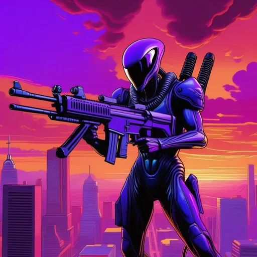 Prompt: Xenomorph in Saints Row, guns, cartoony, purple atmosphere, extremely detailed painting by Greg Rutkowski and by Henry Justice Ford and by Steve Henderson