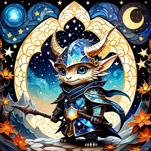 Prompt: an adorable chibi dragonborn wizard, dark starry night, gorgeous eyes, stained glass, fantasy illustration, textured with large visible brush strokes, hypermaximalism, astral patterns, star lit sky, masterpiece, breathtaking intricate details, in the style of Andreas Lie, van Gogh, Hokusai, Luke Gram, Albert Robida, Victo Ngai