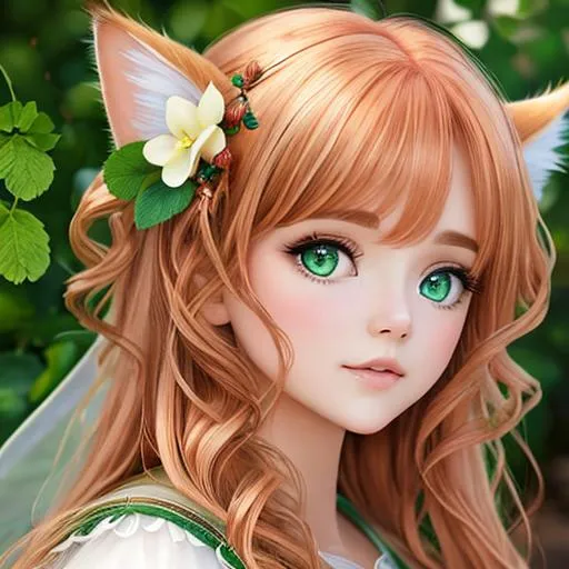 Prompt: Fairy goddess of cats, strawberry blonde, cat shaped eyes, green eyes, closeup