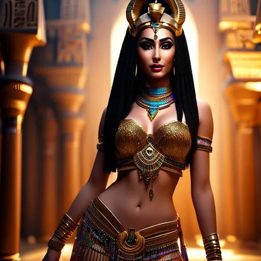 Prompt: Gorgeous, stunning, beautiful, otherworldly ancient  Egyptian goddess with long braided hair wearing a body chain and belly dancer costume, full body, centered, fantasy setting, cinematic, colorful background, concept art, dramatic lighting, highly detailed, hyper realistic, intricate sharp details, octane render, smooth, studio lighting, trending on art station, 8k, HDR, unreal engine, emotive, cgi, animated 