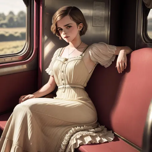 Prompt: old time photo of young emma Watson, dressed with 1920s very short hair, long, flowing, spring dress, sitting on train, raw photo, photorealistic, High Detail, dramatic, UHD, HDR raw photo, realistic, sharp focus, 8K high definition, insanely detailed, intricate, high quality, 
