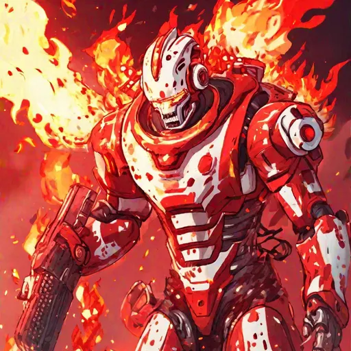 Prompt: Fire Man who is a robot master in red and white with flames coming out of his head and blaster, everything around him is burning and on fire, Masterpiece, Best Quality, In Nightmare Fuel Style 