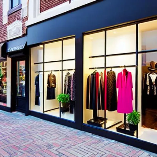 Prompt:  Design an image of a trendy and stylish boutique storefront, complete with colorful window displays, sleek signage, and fashionable mannequins.