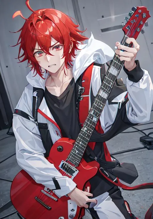 Prompt: Zerif 1male (Red side-swept hair covering his right eye) worried expression on his face, playing the guitar at a concert, UHD, 8K, highly detailed