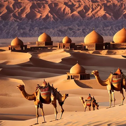 Prompt: background mosque 
2 camels walk
hijri
islamic
mountain

