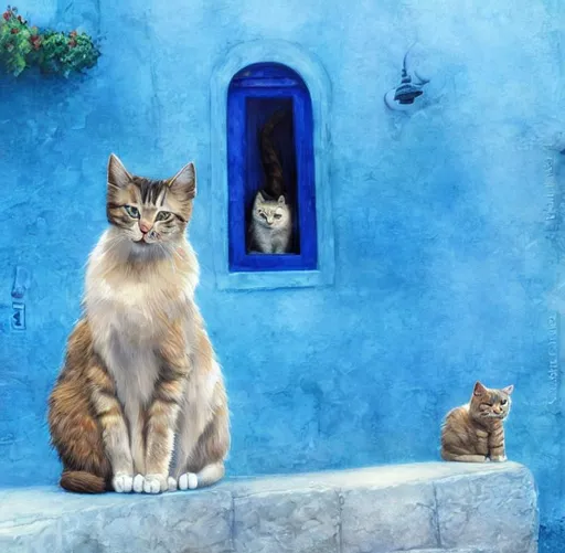 Prompt: Cats at a street corner of chefchouen by Lucie Bilodeau, hovik zohrabyan, Robert Bissell, Jean Baptiste Monge. Very beautiful, beautiful lit, clear resolution, photofinish quality.