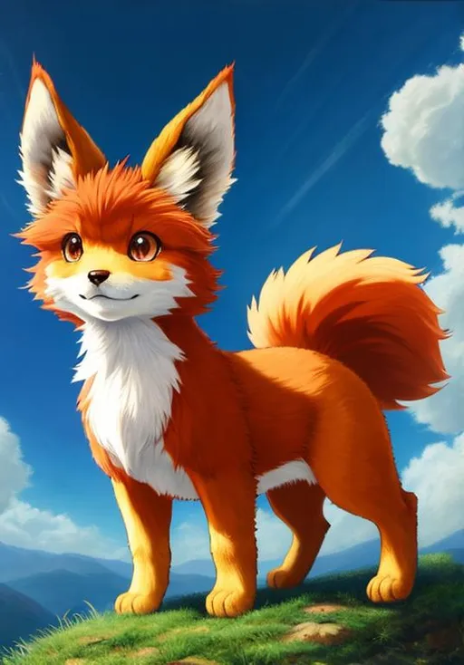 Prompt: UHD, , 8k,  oil painting, Anime,  Very detailed, zoomed out view of character, HD, High Quality, Anime, , Pokemon, Vulpix is a small, quadrupedal, canine Pokémon. It has a red-brown pelt with a cream-colored underbelly. It has brown eyes, large, pointed ears with dark brown insides, and a triangular dark brown nose. Its paws are slightly darker than the rest of its pelt and have light brown paw pads. On top of its head are three curled locks of orange fur with bangs, and it has orange tails with curled tips. It is most commonly seen with six tails. However, Vulpix is born with only a single, white tail that splits as Vulpix grows. The tails grow hot as it approaches evolution.

Vulpix is capable of manipulating fire to such precision as to create floating wisps of flame. These wisps are sometimes mistaken for ghosts by humans, but Vulpix uses them to assist in catching prey. Inside its body is a flame that never goes out. When the temperature outside increases, it will expel flames from its mouth to prevent its body from overheating. Vulpix is known to feign injury to escape from opponents too powerful for it to defeat. Vulpix can be found most commonly in grassy plains.

Pokémon by Frank Frazetta