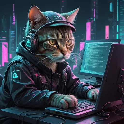 Prompt: cat programmer, illustration, cyberpunk