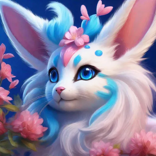 Prompt: (blue Sylveon), realistic, photograph, fantasy, epic oil painting, (hyper real), furry, (hyper detailed), extremely beautiful, (on back), playful, UHD, studio lighting, best quality, professional, ray tracing, 8k eyes, 8k, highly detailed, highly detailed fur, hyper realistic thick fur, canine quadruped, (high quality fur), fluffy, fuzzy, full body shot, hyper detailed eyes, perfect composition, hyper realistic depth, ray tracing, vector art, masterpiece, trending, instagram, artstation, deviantart, best art, best photograph, unreal engine, high octane, cute, adorable smile, lying on back, flipped on back, lazy, peaceful, (highly detailed background), vivid, vibrant, intricate facial detail, incredibly sharp detailed eyes, incredibly realistic scarlet fur, concept art, anne stokes, yuino chiri, character reveal, extremely detailed fur, sapphire sky, complementary colors, golden ratio, rich shading, vivid colors, high saturation colors, nintendo, pokemon, silver light beams