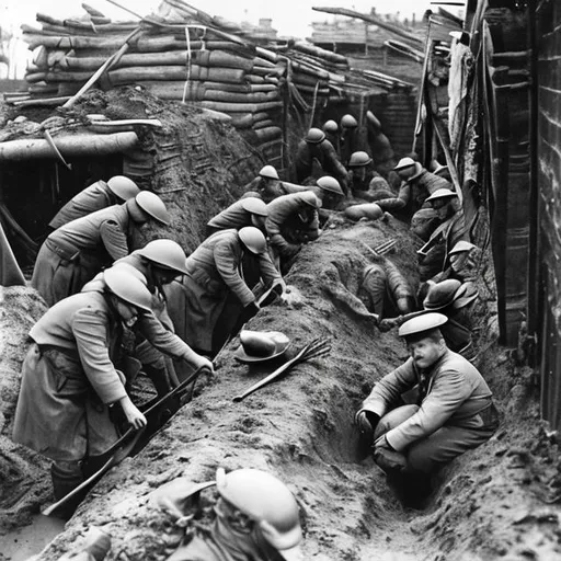 Prompt:  trench warfare, poverty, chef, cooking, gourmet, trench, underground, rainy, officers