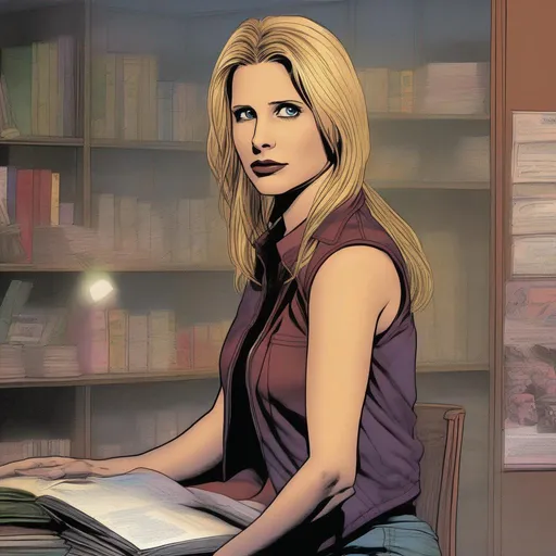 Prompt: Buffy Summers at Sunnydale University
 illustrated in color  by Grant Morrison 