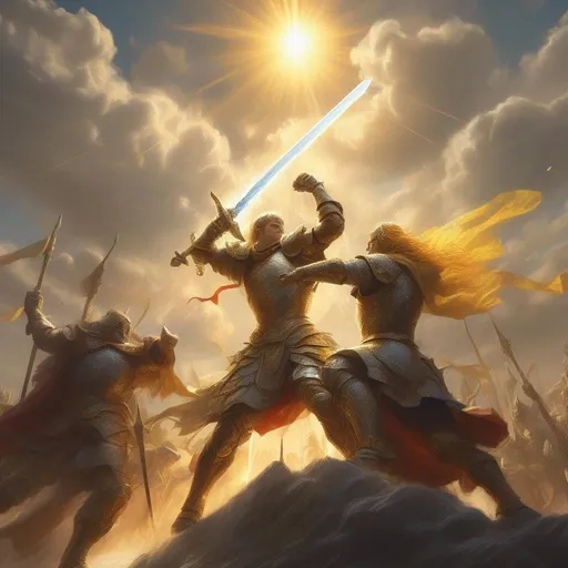 Prompt: Paladin fighting in a battle with divine magic around their sword and clouds with rays of sunshine, armies fighting, a masterpiece, dynamic lighting, hyperdetailed, intricately detailed, trending on Artstation, complementary colours