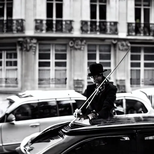 Prompt: Gangster with a violin on a car in paris