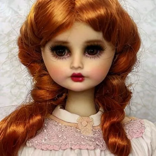 Prompt: Debby Ryan turned into a porcelain doll wearing a victorian dress becoming apart of a doll collection.