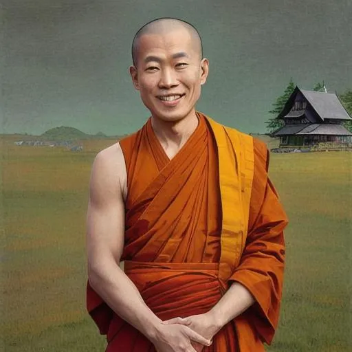 Prompt: UHD Thich Nhat Hahn wearing Buddhist monk attire smiling in style of Andrew Wyeth. 