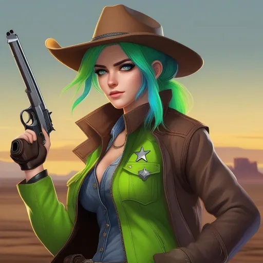 Prompt: She has a long, distinctive neon-green that fades to neon-blue hair in a ponytail, heterochromia eyes, wearing a long brown coat, grey vest, denim pants, black cowboy boots, holding a pistol, wearing a brown sheriff's cowboy hat, 8k, UHD, heavily detailed
