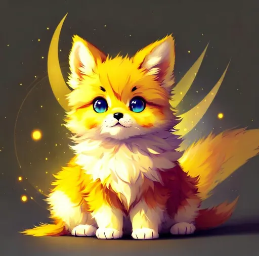 Prompt: Cute, yellow, fluffy, fantasy light puppy, with lighting, yellow eyes, yellow fur, and possessing the element of space and making circles of lighting stripes
 move around in the air in a magical way, in a space background. Perfect features, extremely detailed, realistic. Krenz Cushart + loish +gaston bussiere +craig mullins, j. c. leyendecker +Artgerm.