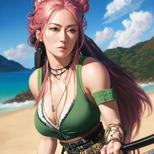 Prompt: UHD, hd , 8k, oil painting, fantasy, hyper realism, digital art  Very detailed, zoomed out view of character,  female warrior character  with long pink hair who is wielding a katana in her right hand, the katana facing forward, she is wearing a  black sleeveless sweater with a blue leather biker vest over top,  she wears black shorts and belt and wears  knee high boots, 