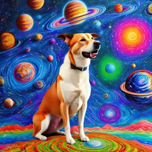 Prompt: A Happy Dog in control of The Universe, highly detailed, colourful, realistic, outer space