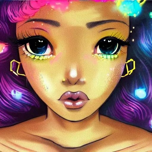 Prompt: beautiful black girl, Princess Anime, pretty face, cute rainbow hair, 80's aesthetic, pastels, brown afro hair, high ponytail, high detail, intricate, elegant, digital painting, ambient, smooth, soft, delicate, yellow halo aura glow, sparkly particles, HD, Digital art, daydream fantasy, Kawaii pastel aesthetic 