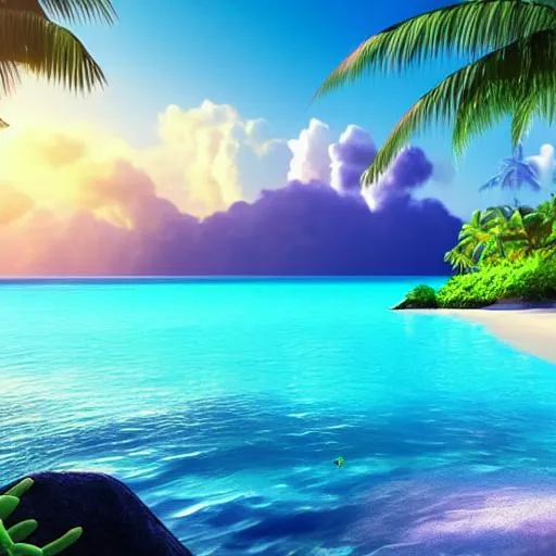 Prompt: 8k photorealistic alien landscape, tropical beach with turquoise waters, bright day, white sand, blue and purple plants ethereal fantasy hyperdetailed mist Thomas Kinkade, highly detailed, ultra detailed, clean water, beautiful cloud formation