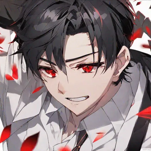 Prompt: Damien (male, short black hair, red eyes) going insane