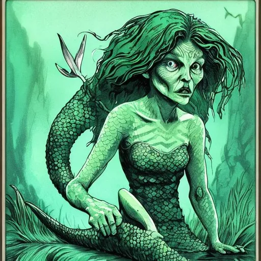 Prompt: Peg Powler, scary folklore legend, river mermaid, sharp teeth, green hair, style of Tony Moore