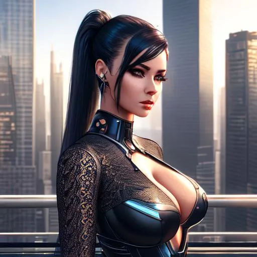 Prompt: A crisp, clear, sci-fi, photorealistic image of a beautiful women with futuristic cyberpunk body modifications doing a pose, wearing lacy clothes. Background with hellish city skyscrapers , hellish landscape, intricate, clear eyes. Crisp image, extremely detailed, high resolution, 8k resolution
