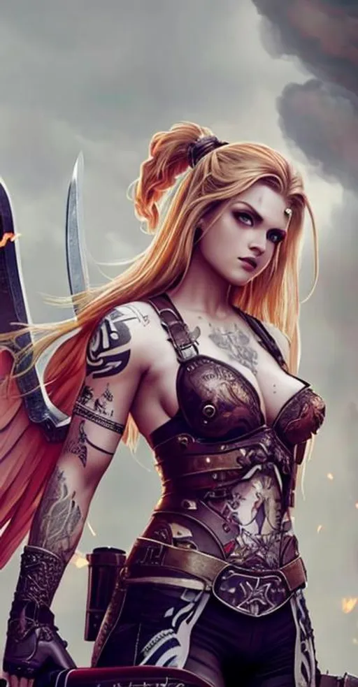 Prompt: Beautiful viking angel female tattoos, strong apocalyptic, swords, guns, axes, anatomical, colorful, gothic, mech, hazardous waste, explosions 