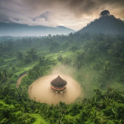 Prompt: Sebuah pemandangan panorama pada sore hari di pegunungan, dengan lembah yang ditutupi oleh kabut tipis, dan cahaya matahari yang temaram memancar melalui celah-celah pohon